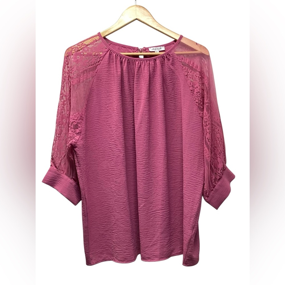 White Birch lace sleeve cottagecore mauve Crepe blouse Large